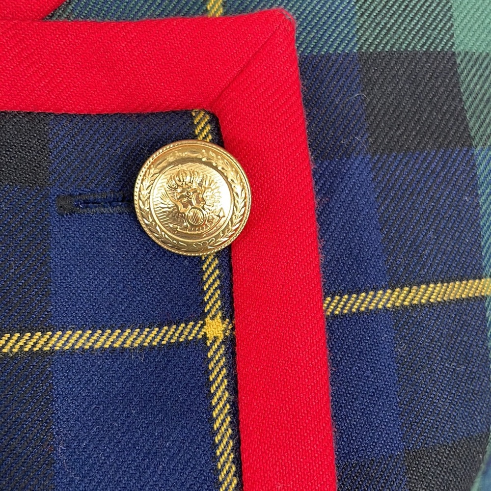 Vintage Maggy Boutique Blue/Green Plaid Jacket w/Red Trim & Gold Buttons - Picture 2 of 9